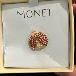 Vintage MONET Lady Bug Pin Brooch Red White and Black Rhinestones new